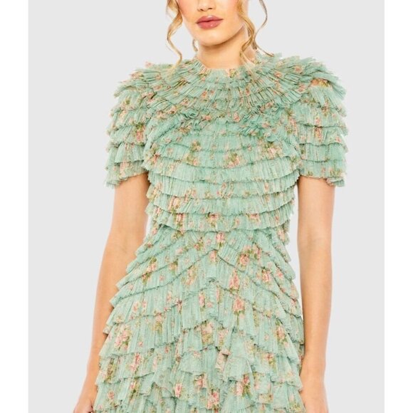 New Mac Duggal Size 6 Green Floral Ruffle Tiered Short Sleeve A Line Midi Dress - Picture 5 of 13